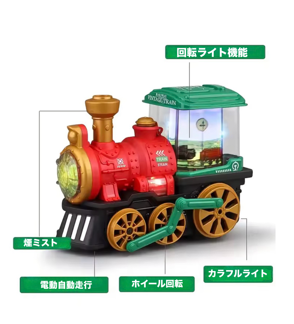 本物みたいにモクモクでるよ！光る！走る！くるくる蒸気機関車